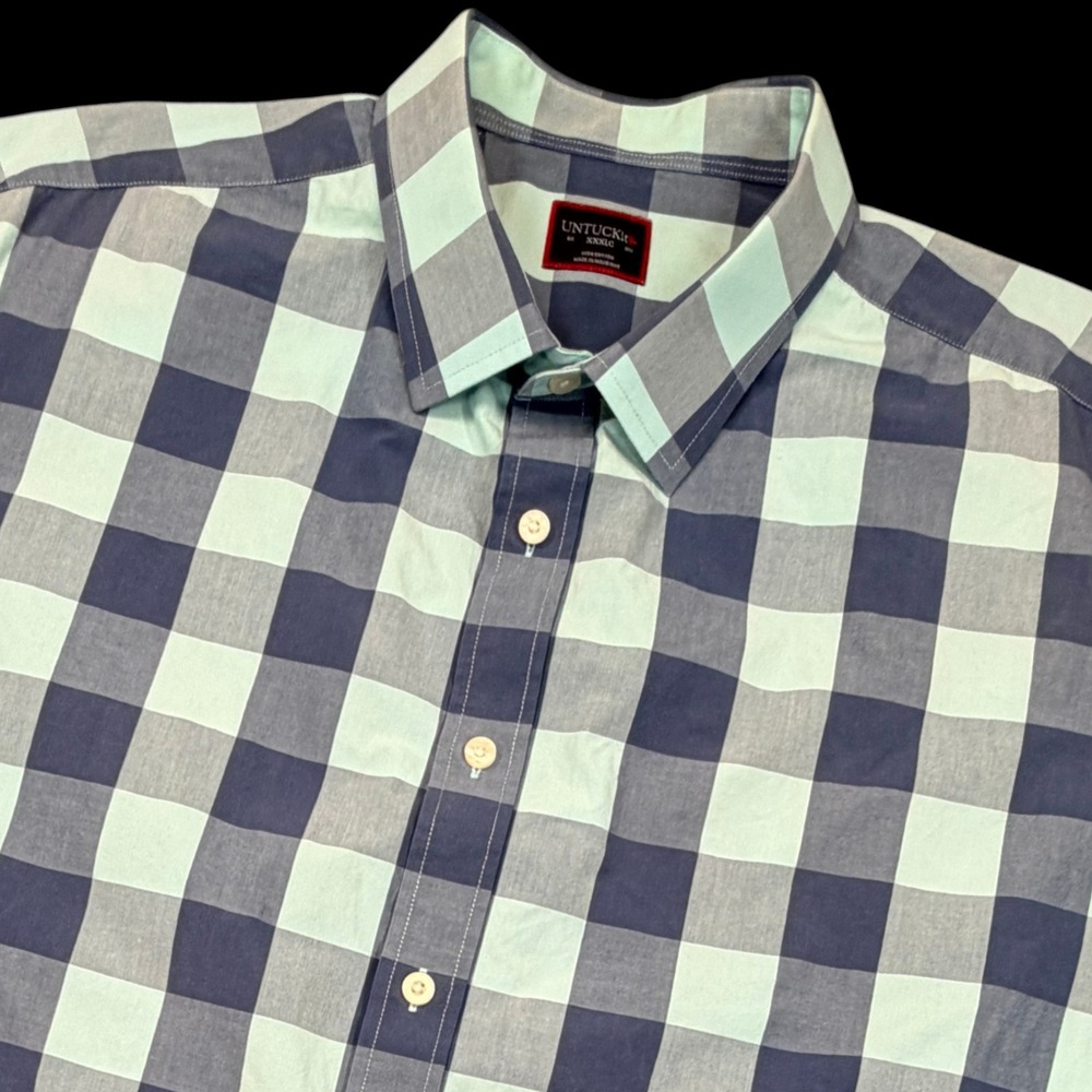 UNTUCKit Quintus Button Up Shirt Mens XXXLC Blue Teal Plaid Short Sleeve Cotton